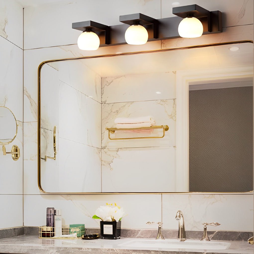 2/3 - Light Wood Bathroom Vanity Light with Adjustable Iron Spotlight and Fixed Glass Shades