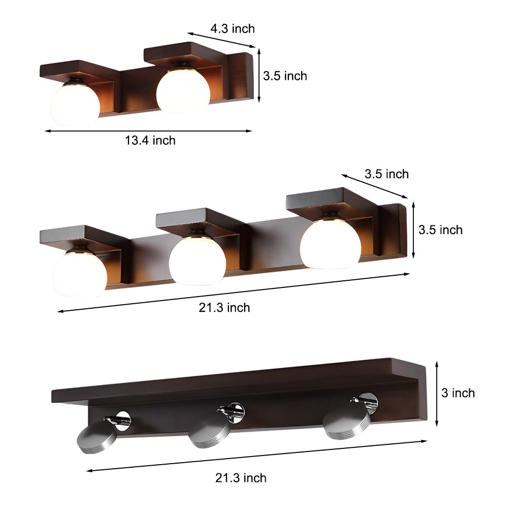2/3 - Light Wood Bathroom Vanity Light with Adjustable Iron Spotlight and Fixed Glass Shades