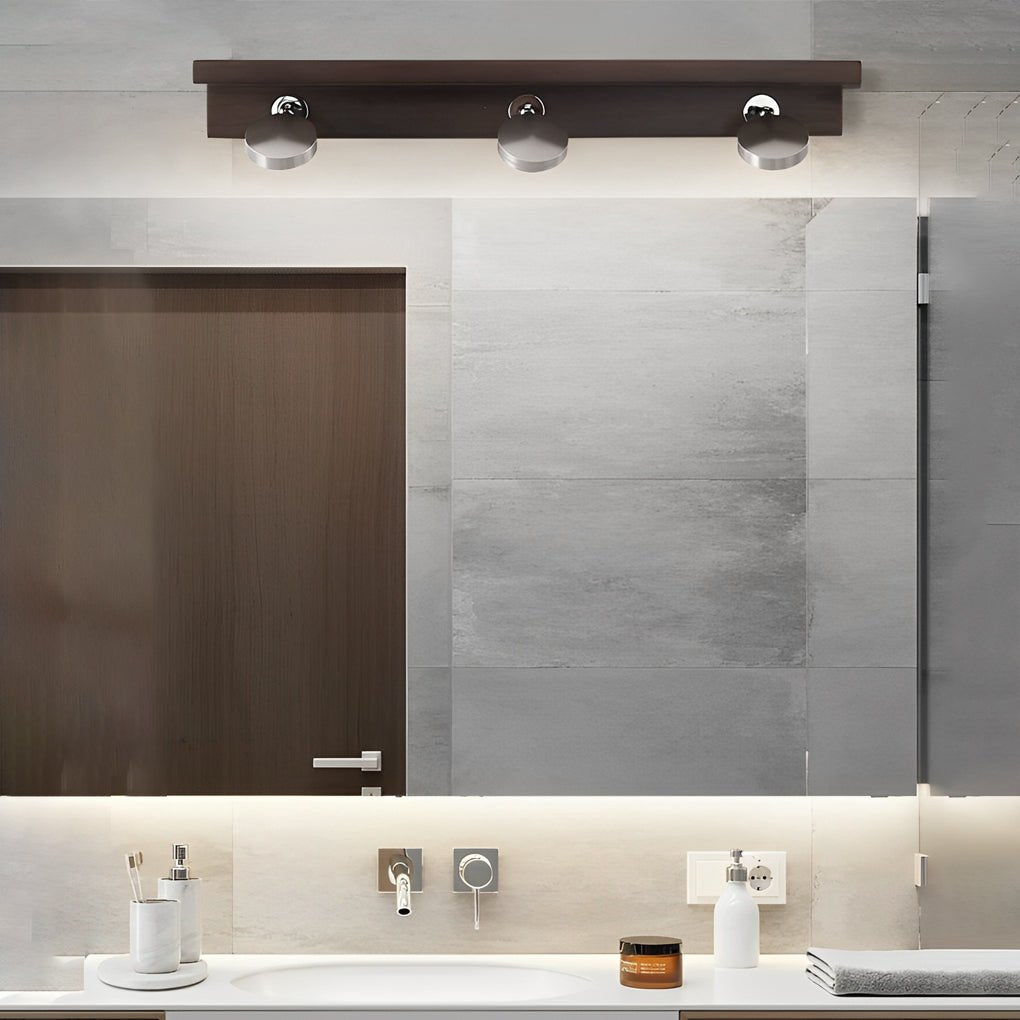 2/3 - Light Wood Bathroom Vanity Light with Adjustable Iron Spotlight and Fixed Glass Shades