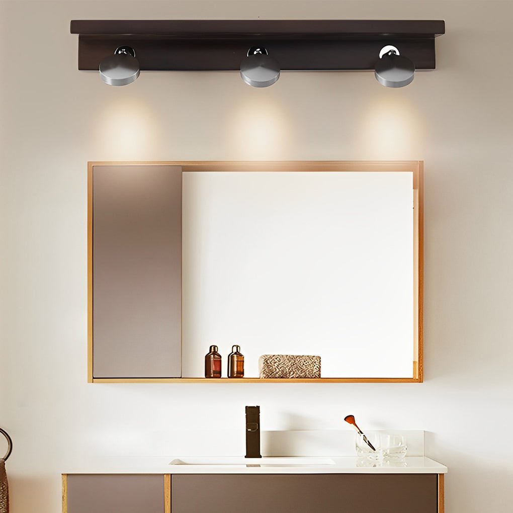 2/3 - Light Wood Bathroom Vanity Light with Adjustable Iron Spotlight and Fixed Glass Shades