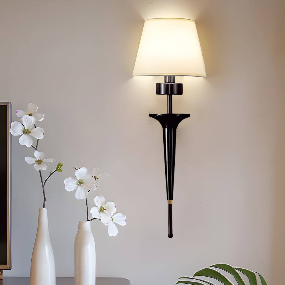 25.98 - In H. Gold/Black Copper 1 - Light American Wall Sconce with Fabric Shade