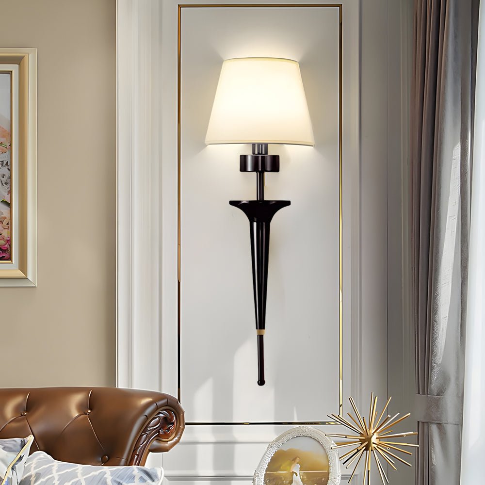 25.98 - In H. Gold/Black Copper 1 - Light American Wall Sconce with Fabric Shade