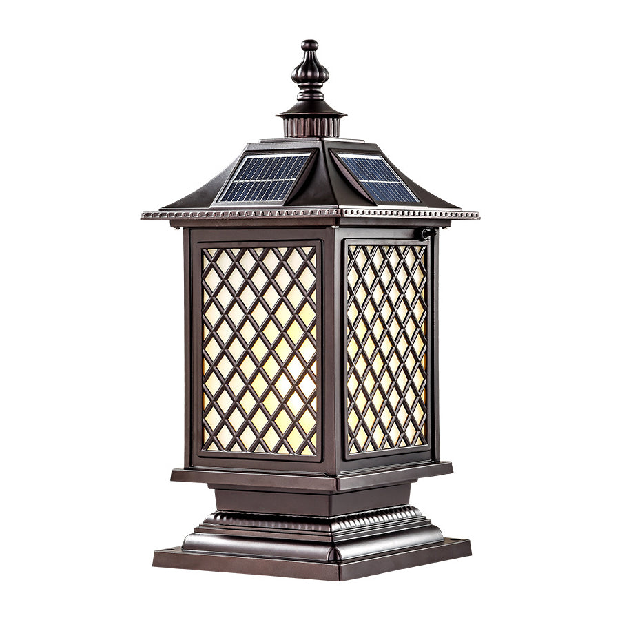 Mission-style post light with geometric glass panels and craftsman-inspired metalwork design