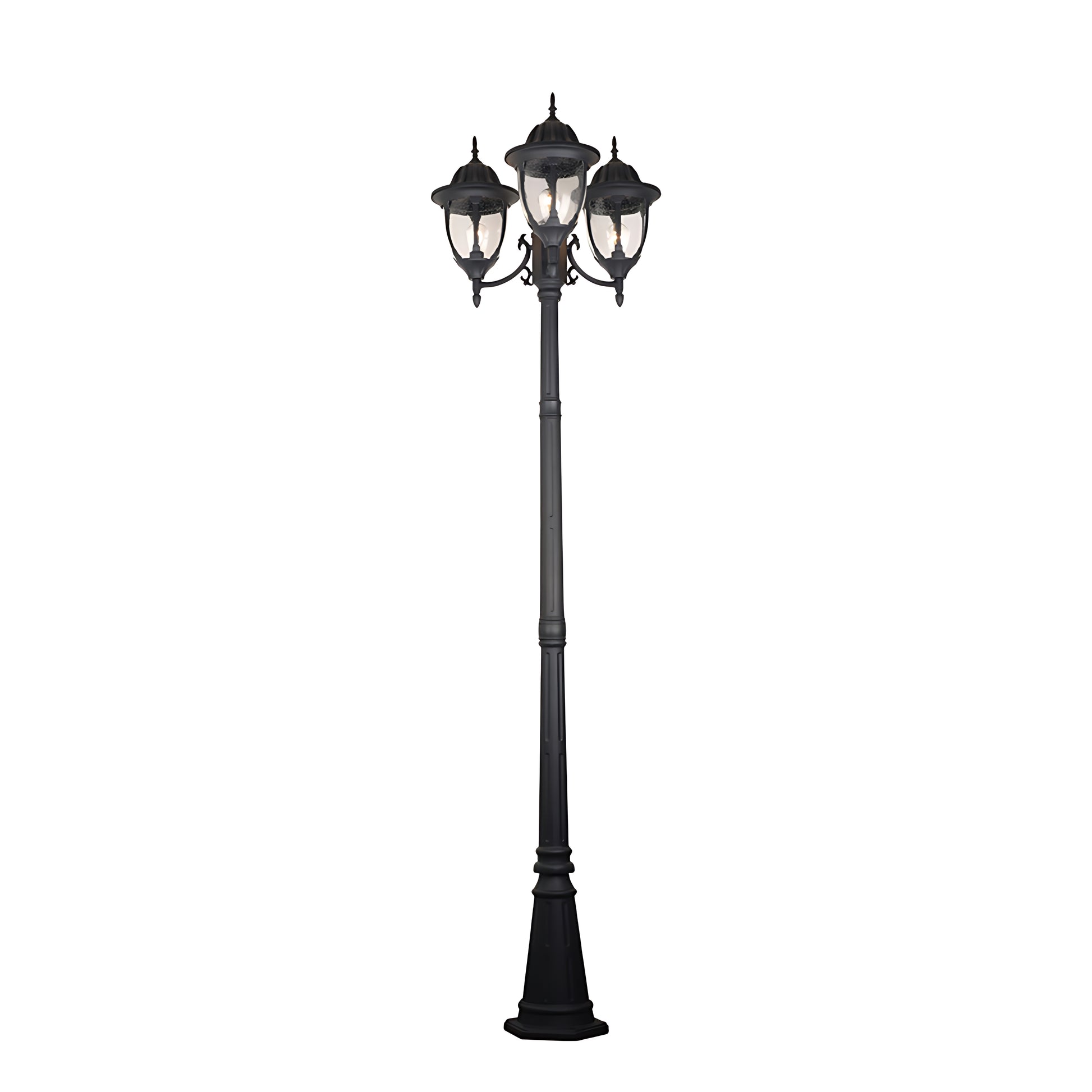 Classic black Victorian-style street lamp with three ornate lantern heads on plain background