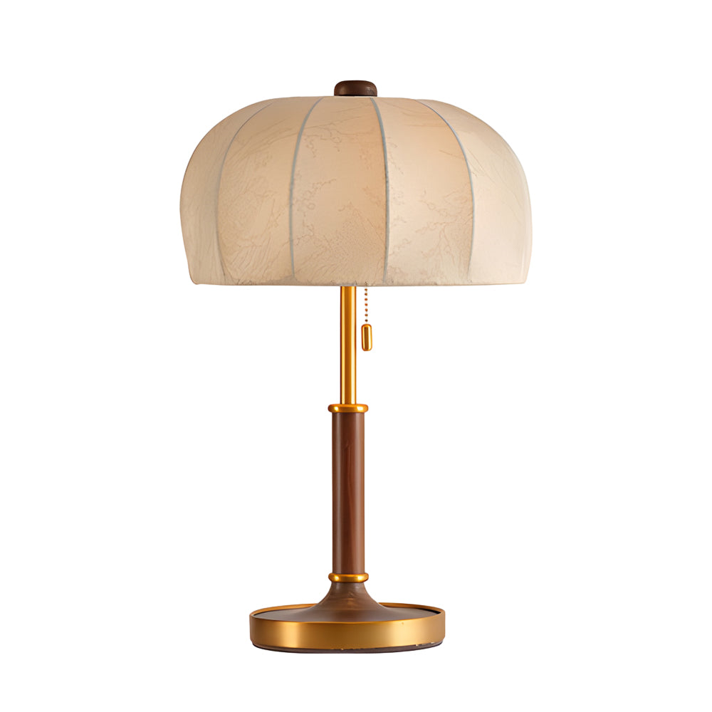 Vintage Wood Table Lamp with Fabric Dome Shade and Pull Switch