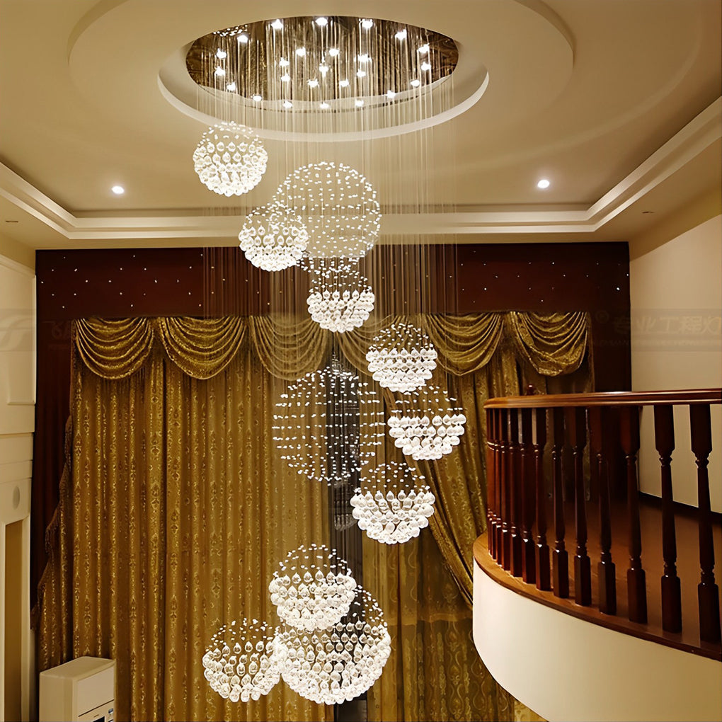 Spiral Raindrop Crystal Ball Three Step Dimming LED Staircase Chandelier