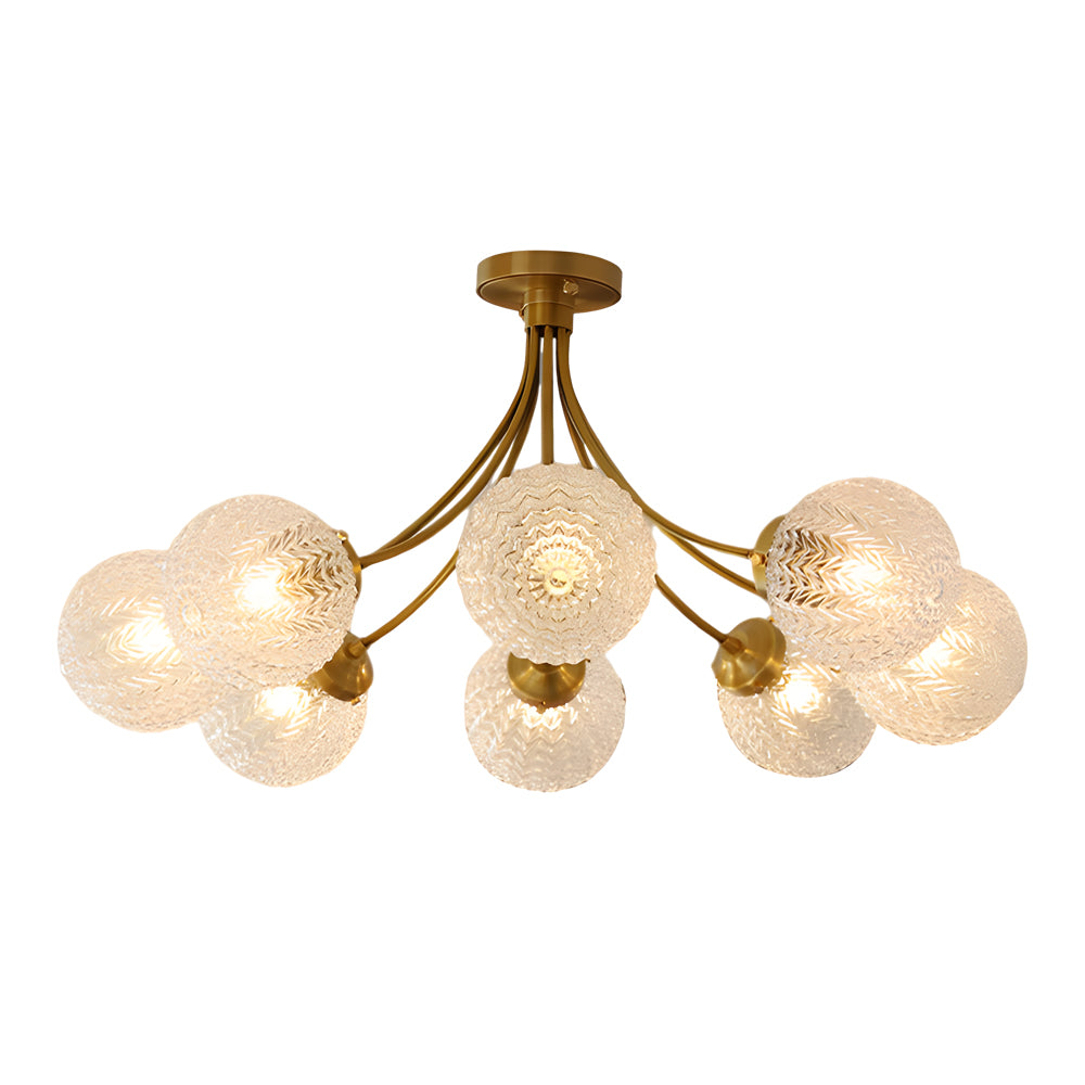 Modern Brass Carved Glass Semi-Flush Mount Ceiling Light - 6/8-Light