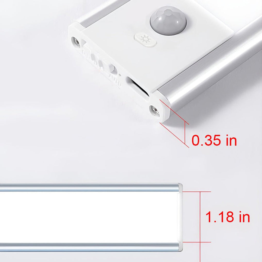 Dimensional diagram showing the ultra-thin 0.35 inch profile of the rechargeable wireless under cabinet lighting unit.