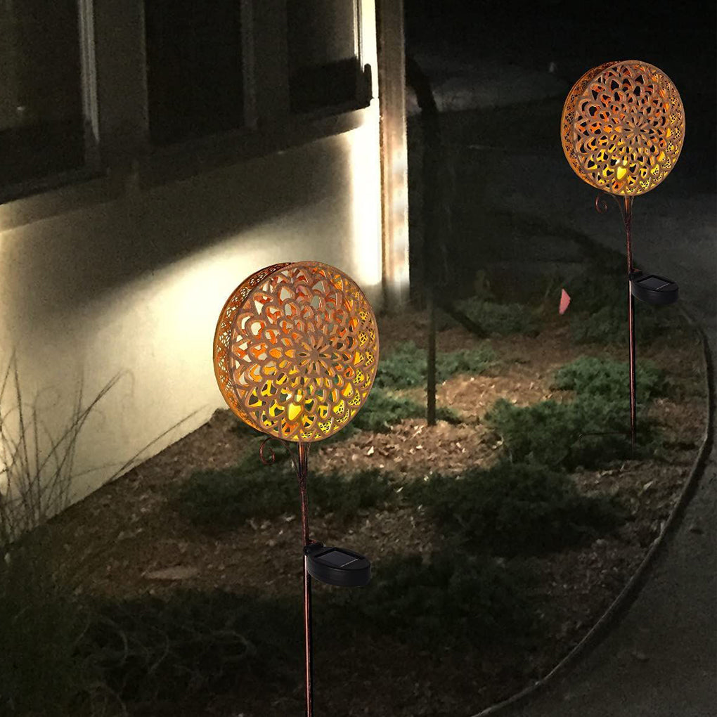 Round Iron Hollow Projection Flowers Screen Waterproof Solar Ground Lights - Dazuma