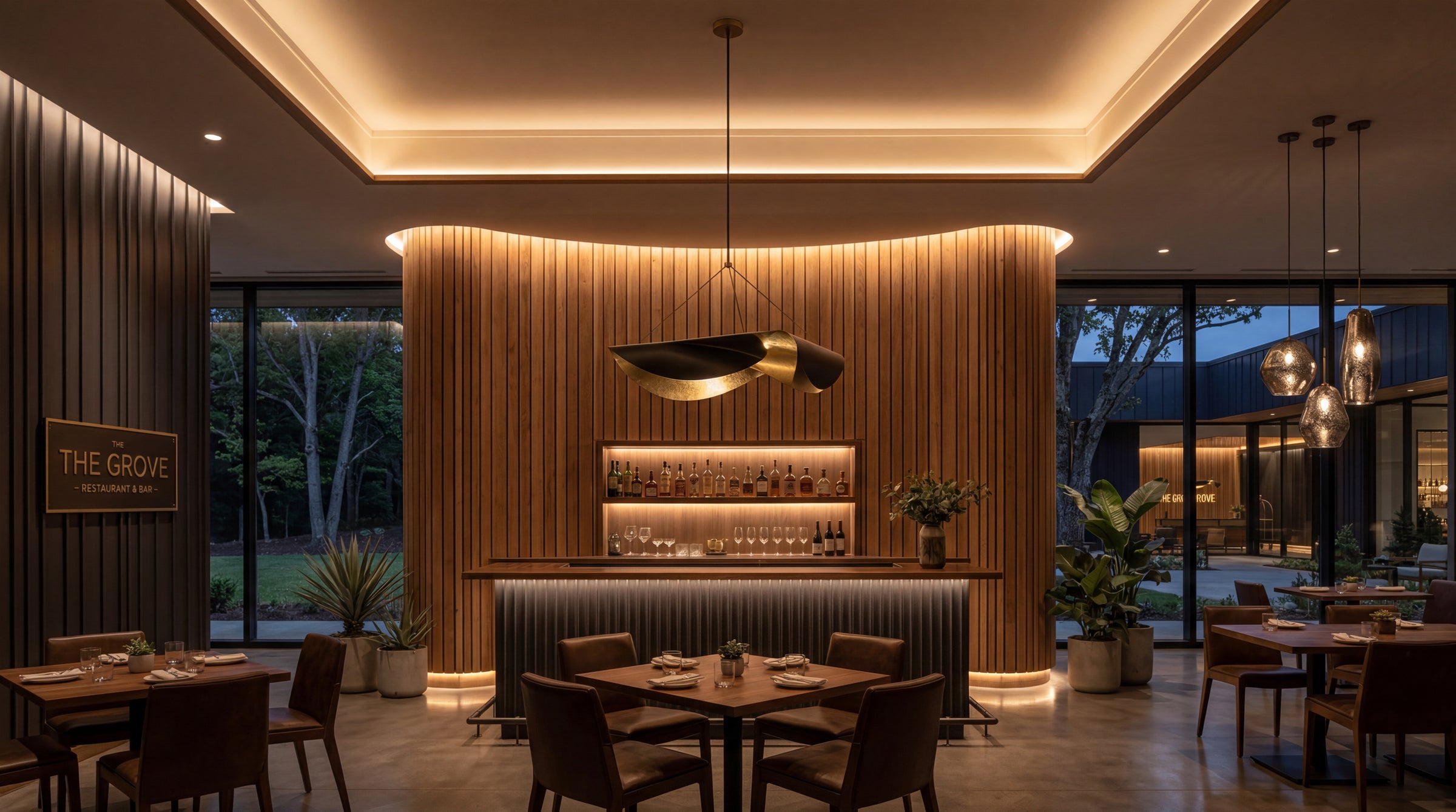 Commercial hotel lighting scene showing exterior arrival paths and facade illumination balance