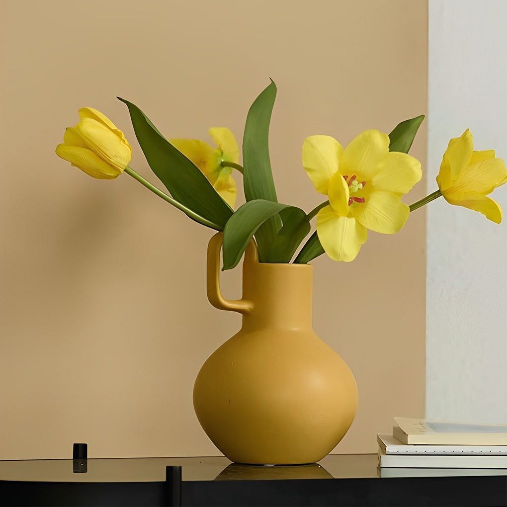 Round Ceramic White Yellow Flower Vases with Single Handle