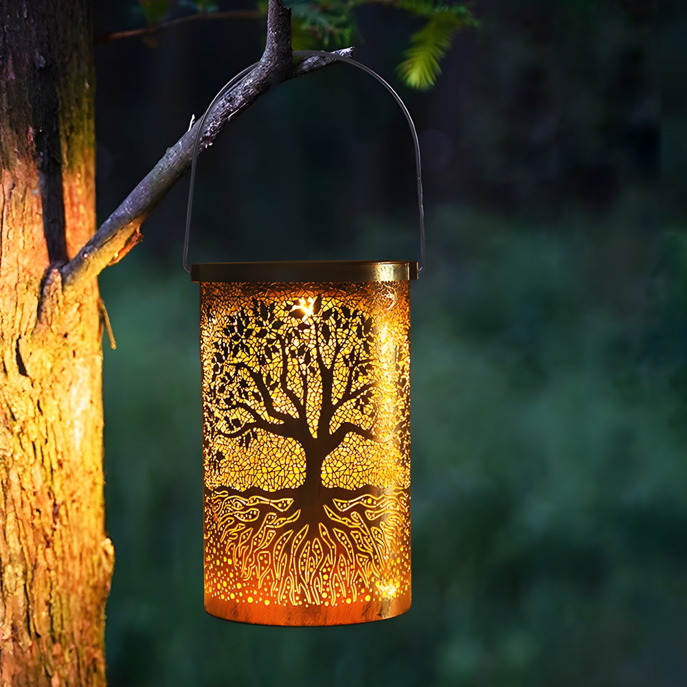 Portable Iron Hollow Tree Projection Waterproof Retro Hanging Solar Lanterns - Dazuma