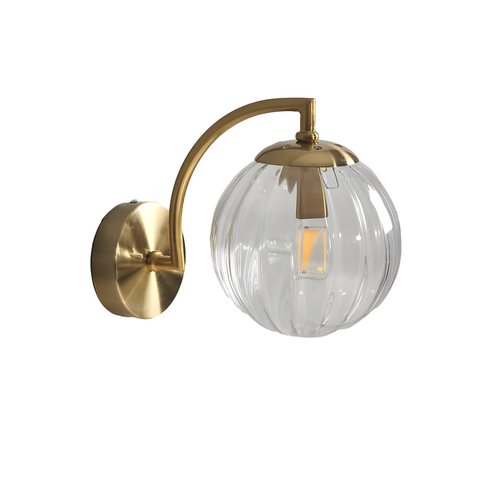 1-Light Curved Arm Wall Sconce with Ball Rib Glass Ball Shade
