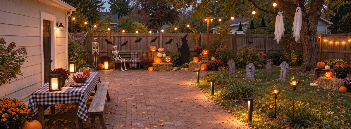 Warm faceless pumpkin lamp and black open-frame bollard along an autumn path, with separate ghost decorations in the background.