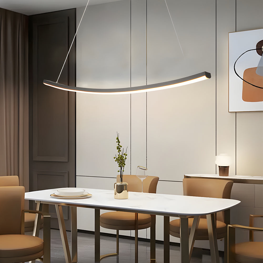 Modern LED Linear Arcing Pendant Lighting: Matte Black Fixture for Dining Room & Kitchen Island - Dazuma