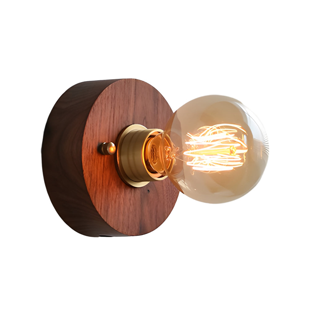 Round/Square Vintage Walnut Wood Wall Lamp 1-light with Pull Chain Switch