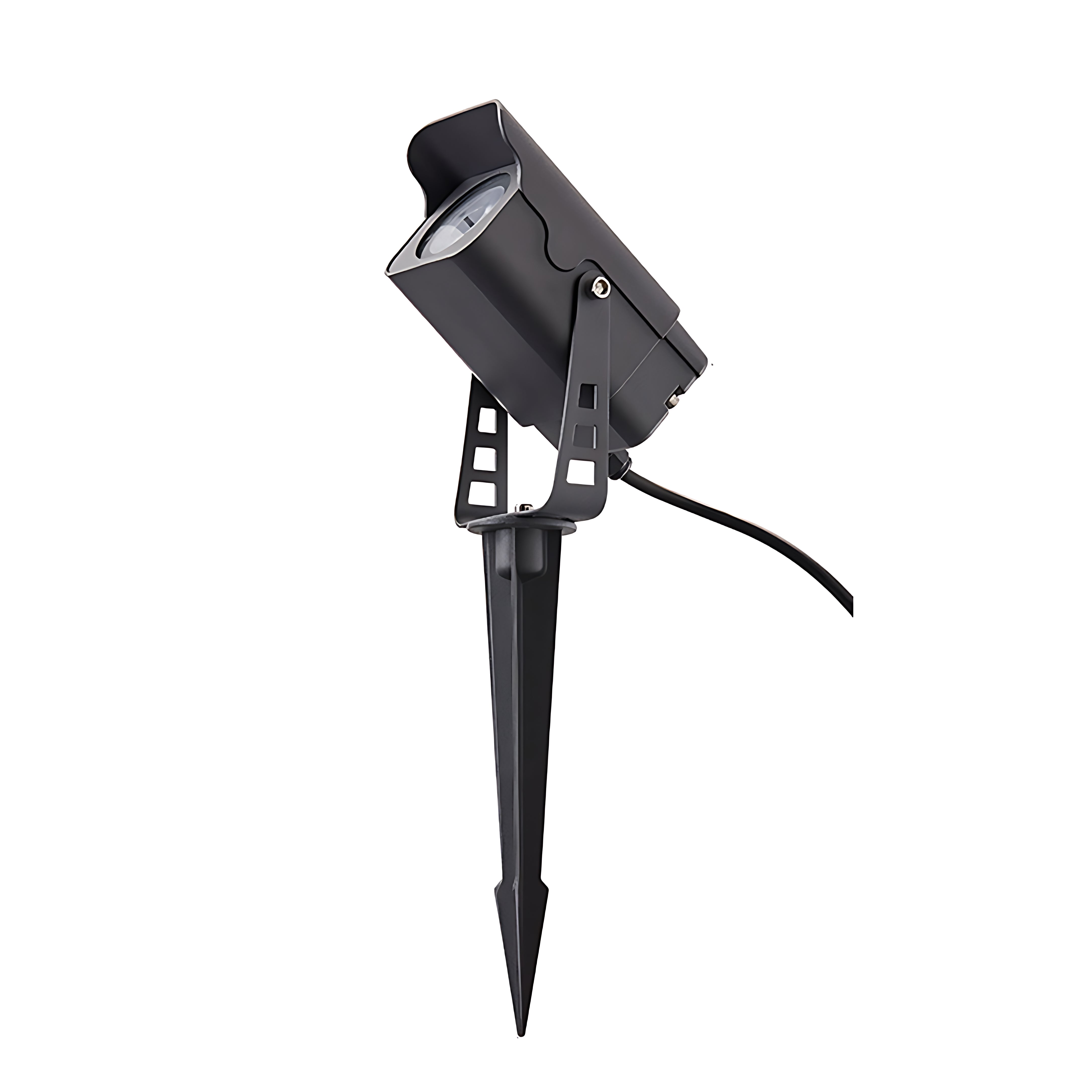 Black adjustable LED spotlight with ground spike mount for outdoor landscape lighting