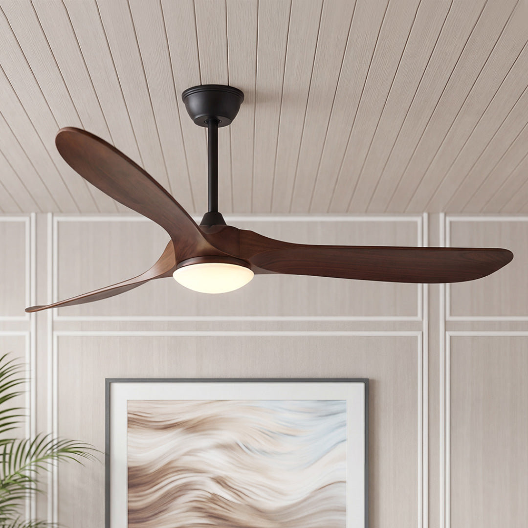 Sleek 3 blade modern wood ceiling fan with light installed on a contemporary slatted ceiling.