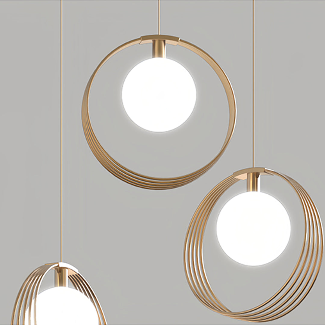 Close-up detail of 3 bulb pendant light showing circular ring design with integrated LED lighting