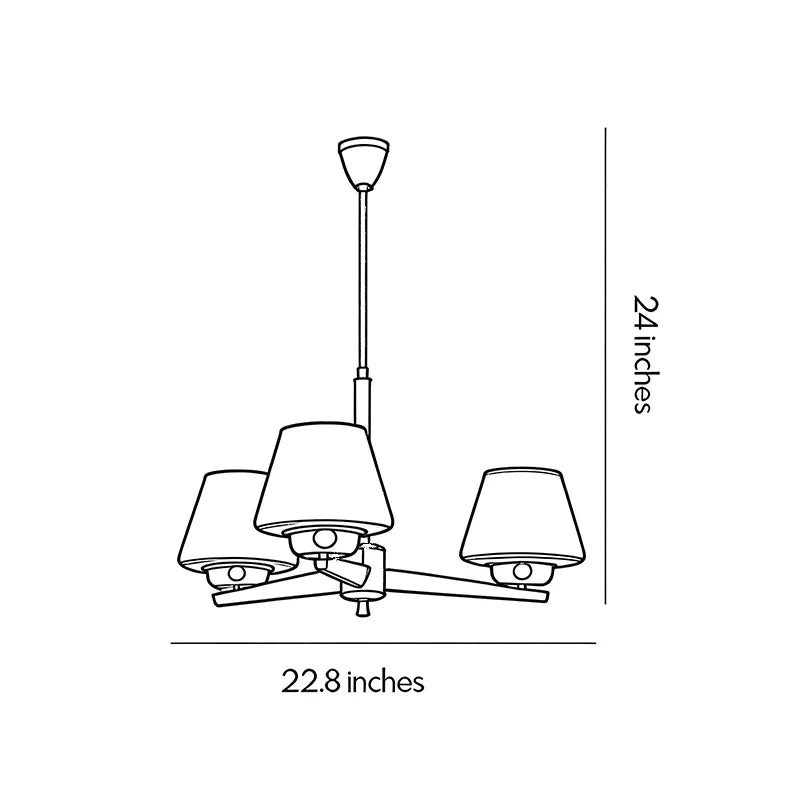 3 light chandeliers dimension drawing showing the fixture height and width measurements.
