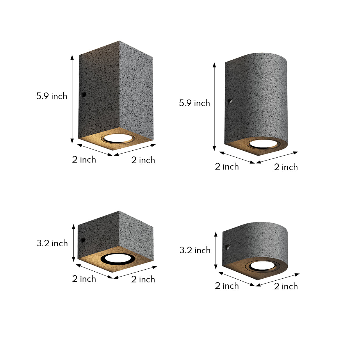 Technical specification drawing showing dimensions for various concrete outdoor light fixture sizes