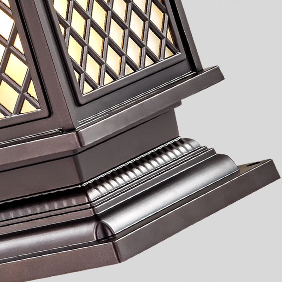 Mission-style post light with geometric glass panels and craftsman-inspired metalwork design