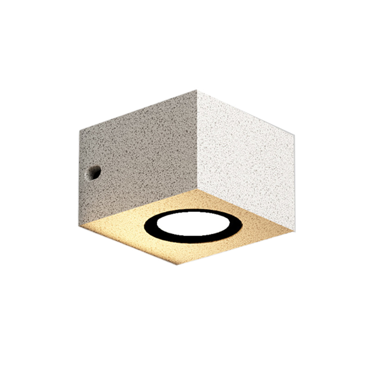 Square concrete wall light with warm LED creating subtle ambient lighting on neutral background