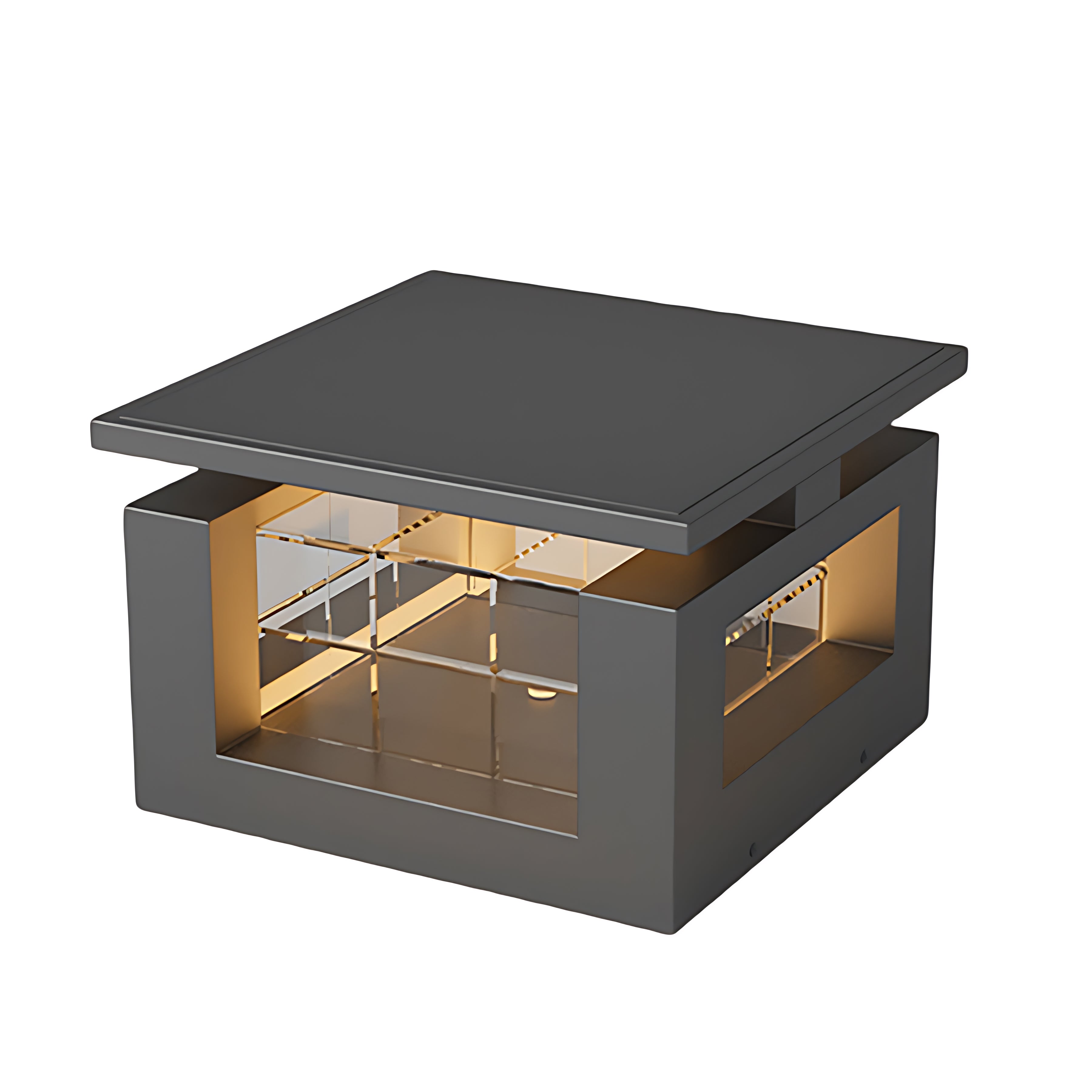 Contemporary cubic light fixture with geometric design and integrated LED panel for architectural accent applications