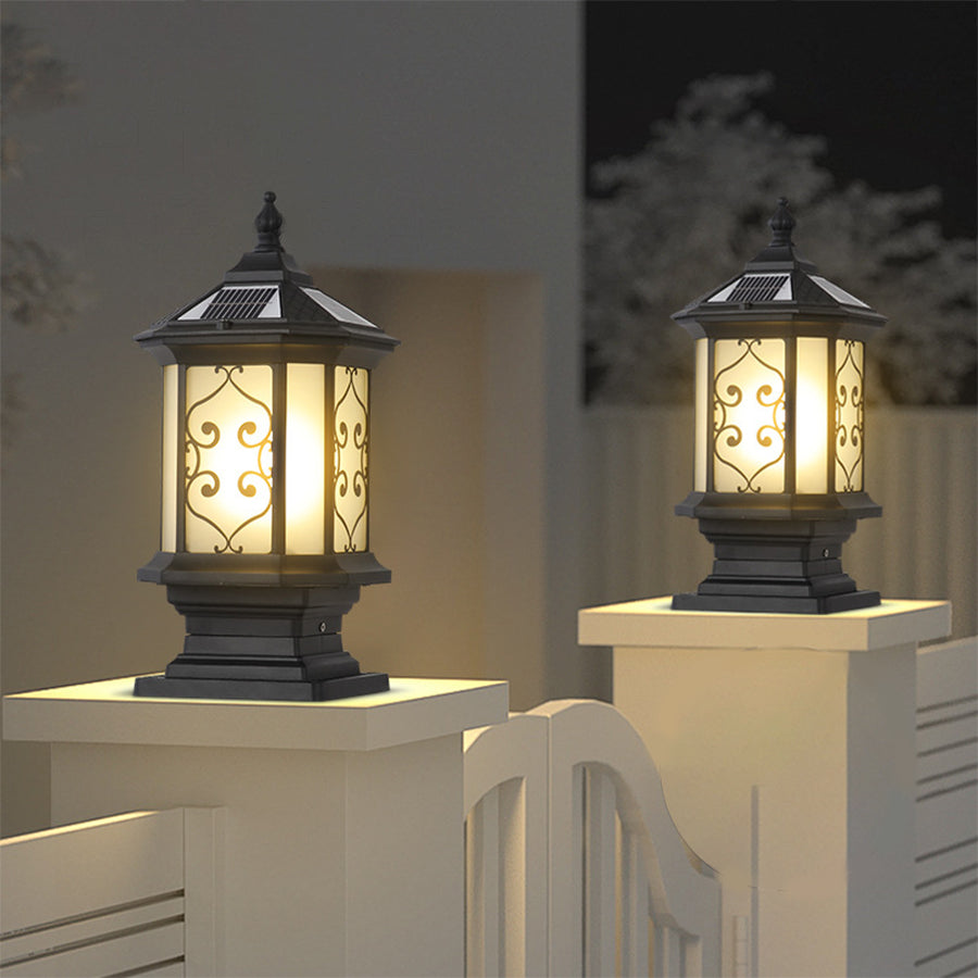 Classic outdoor lantern with swirled glass pattern and traditional black metal construction