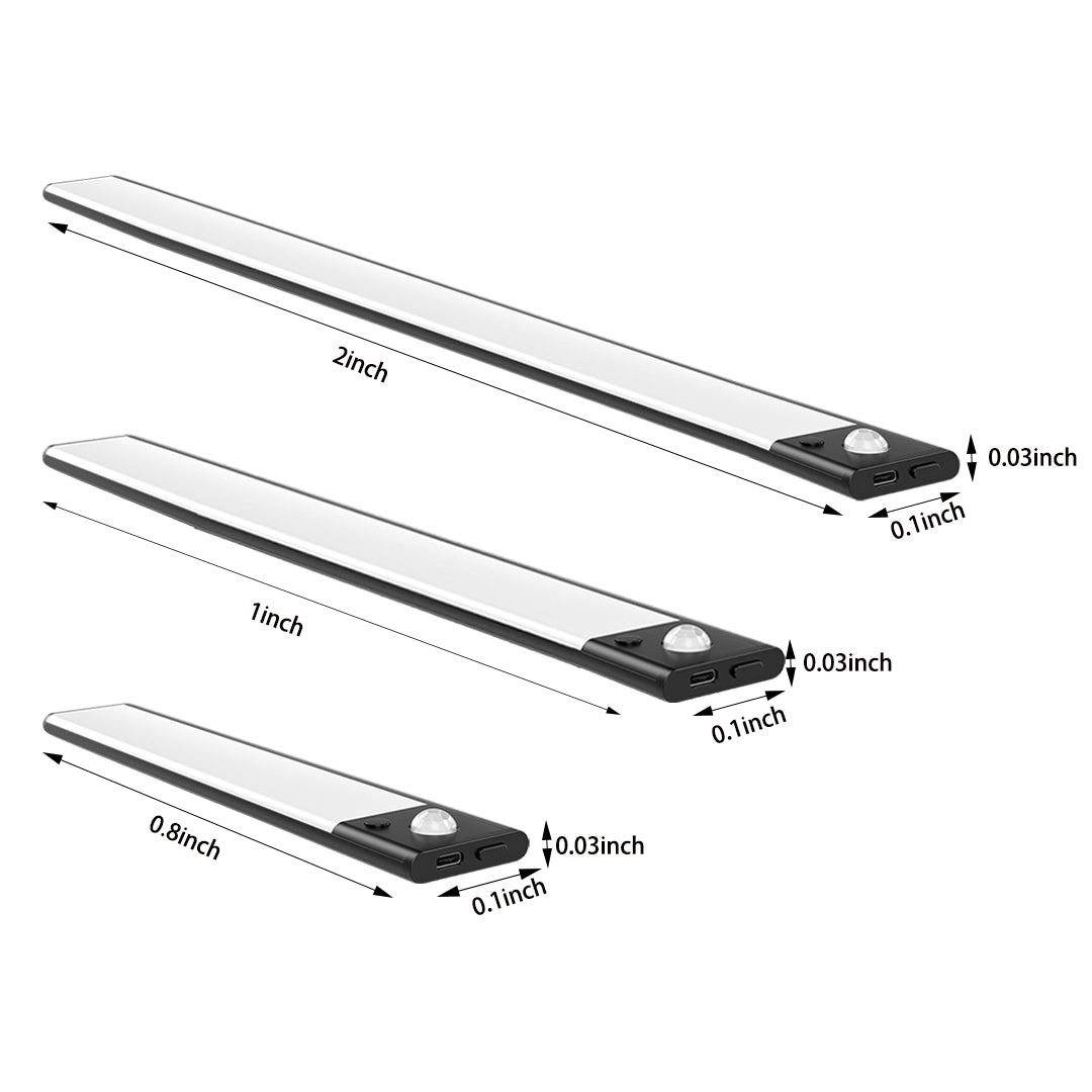 Technical specification diagram showing three different lengths of LED light strips with dimensions