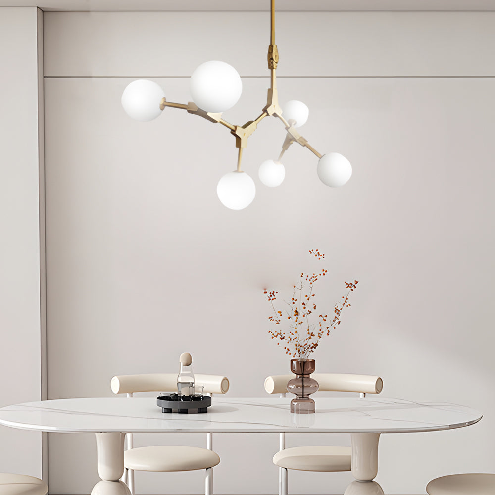 6/8-Light Gold Molecule Chandelier with White Glass Shades