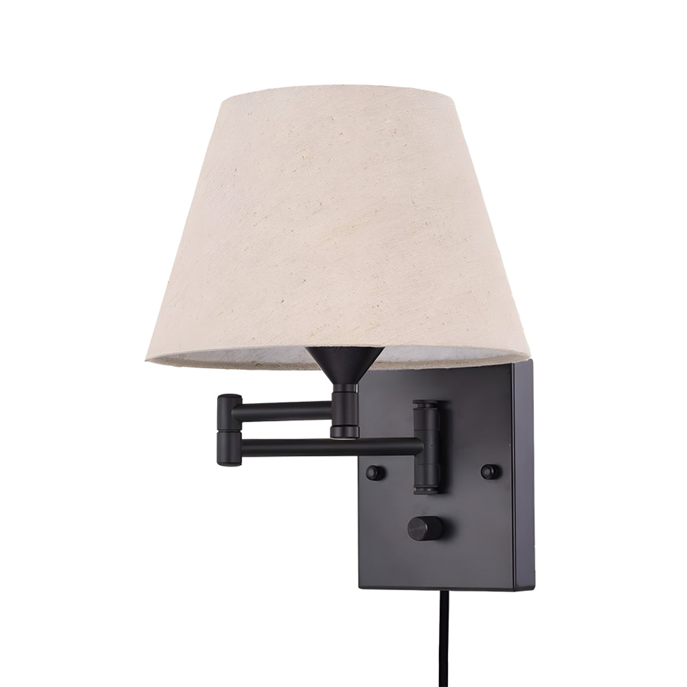 1-Light Linen/Brown/White Plug-In Swing Arm Wall Lamp with Linen Shade