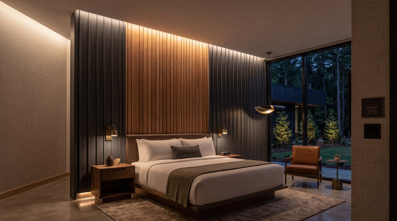 Hotel exterior lighting project angle showing entrance, landscaping, and facade brightness