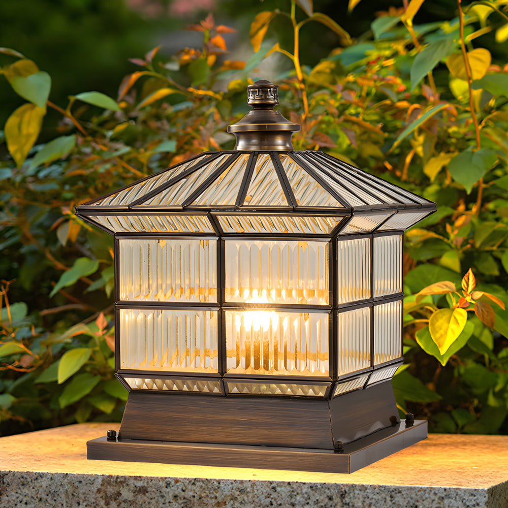 Square Bronze Hardwired/Solar Pillar Lamp Fence Post Light with 3 Step Dimming - Dazuma