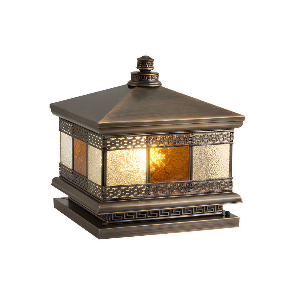 European Square Hardwired/Solar Copper Outdoor Column Light with Glass Shade - Bronze