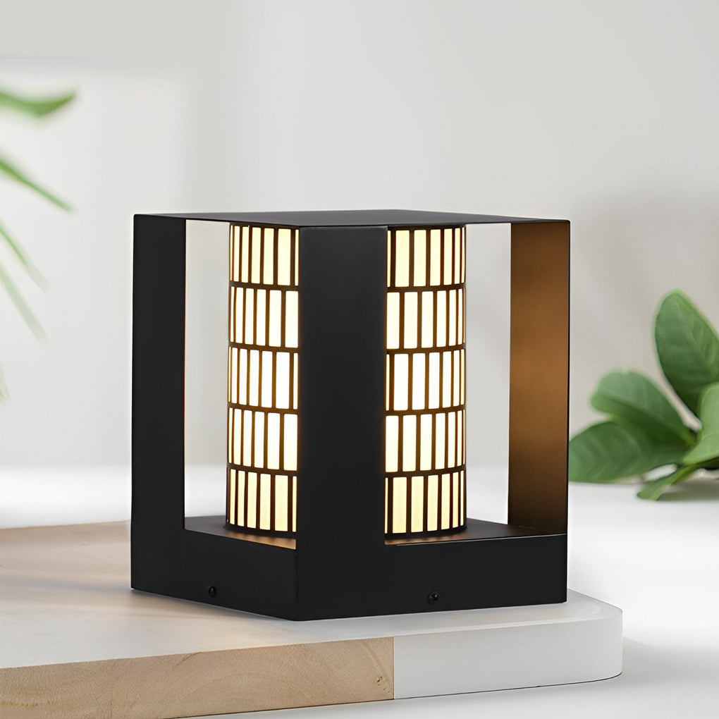 Four-Panel Cylinder Lantern LED Black Waterproof Outdoor Light with Lattice Pattern