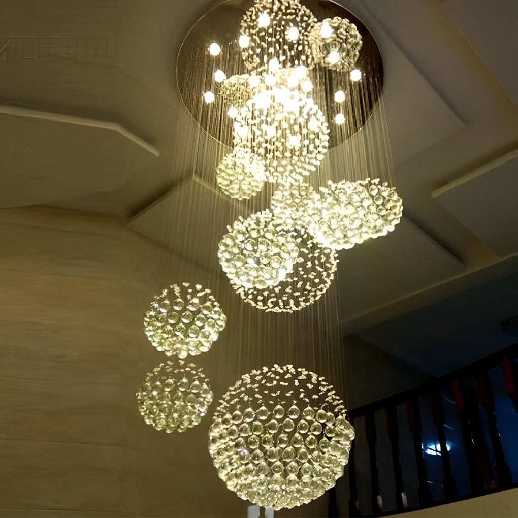 Spiral Raindrop Crystal Ball Three Step Dimming LED Staircase Chandelier