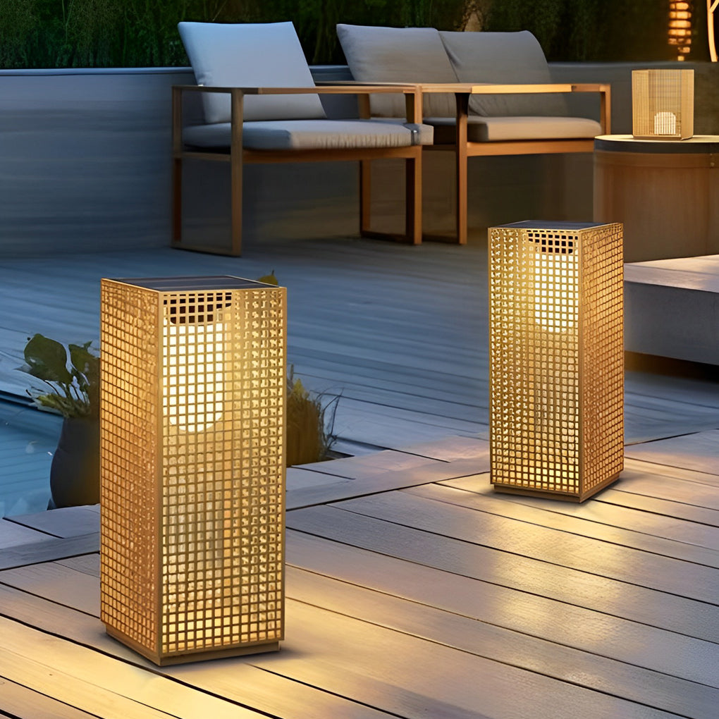 Artistic Gold Cuboid Pathway Bollard Lights with LED Solar or Hardwired Asian-Inspired Design
