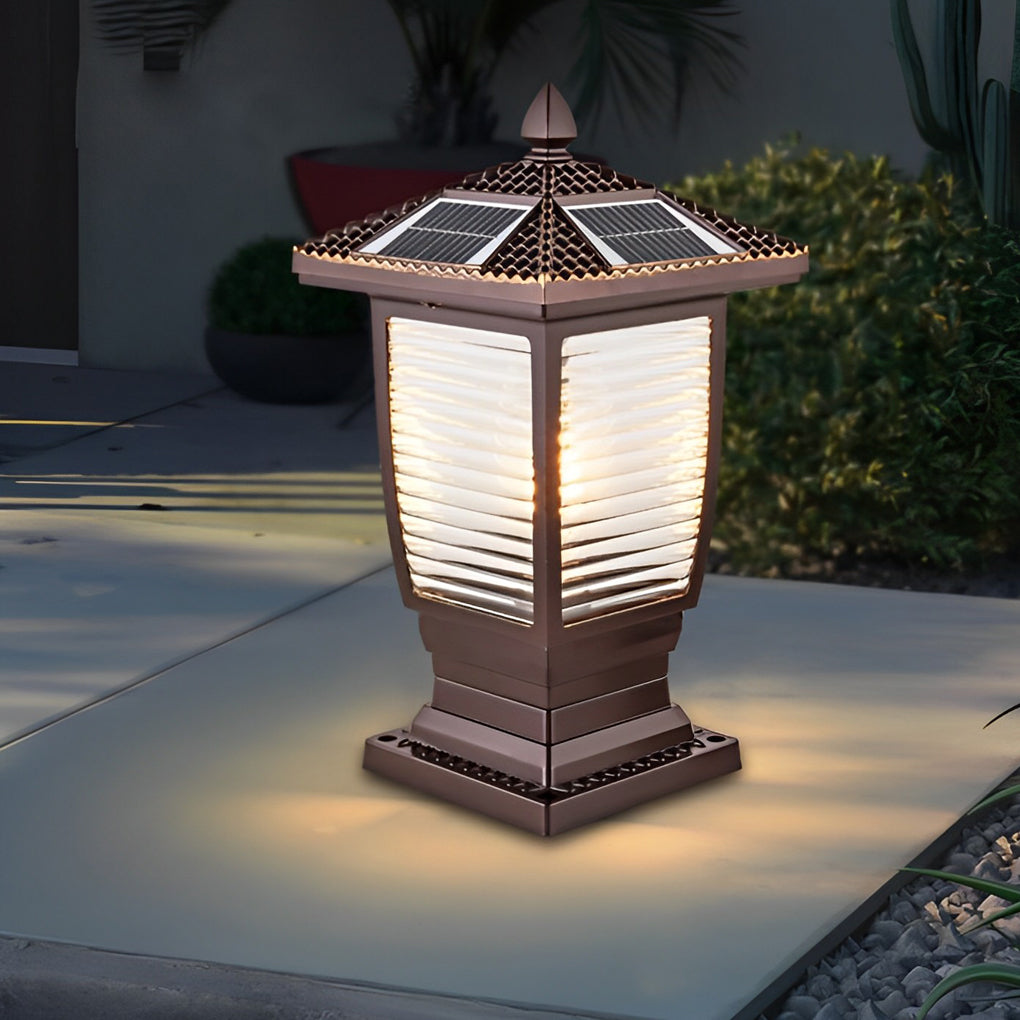 Retro Waterproof Glass Aluminum Brown Modern Solar Fence Post Lights - Dazuma