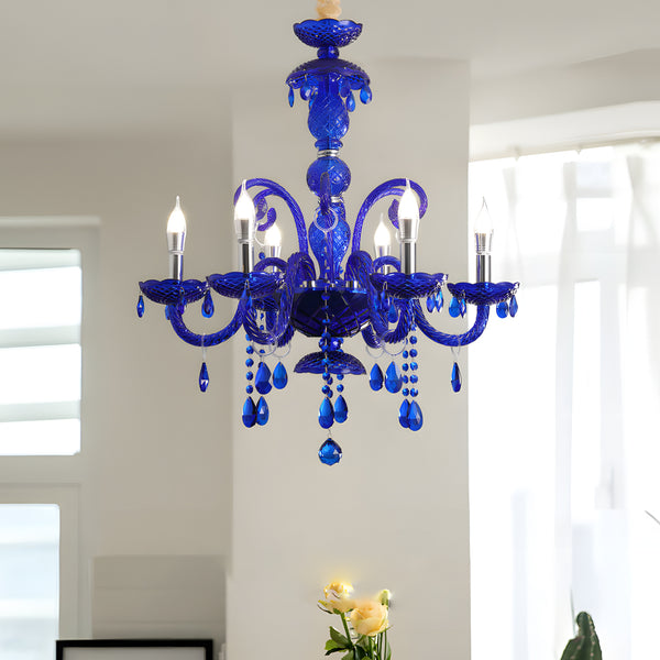 Retro Elegant Crystal Glass Candles LED 3 Step Dimming Blue Chandelier Hanging Ceiling Lights Pendant Lamp for Living Room Dazuma