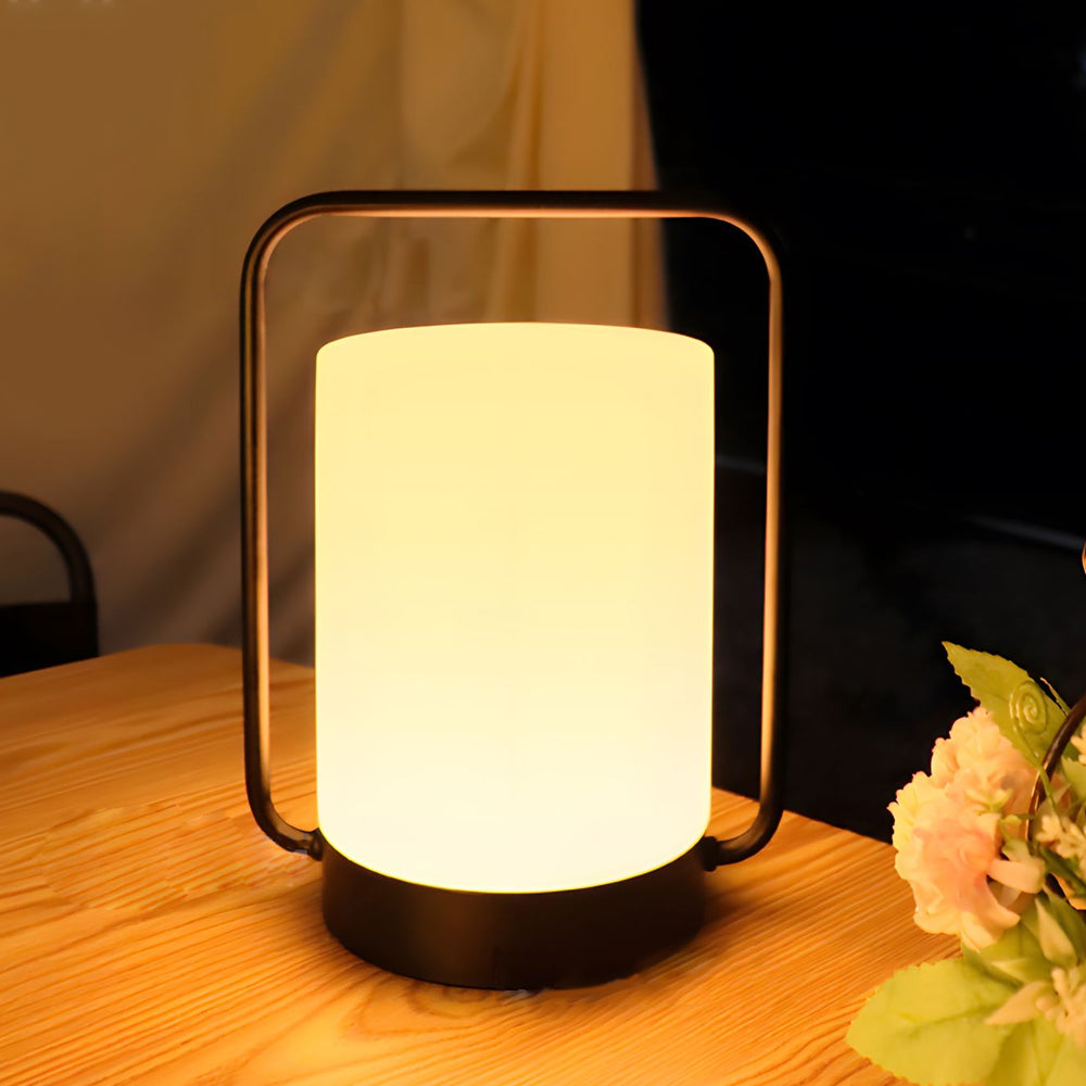 Modern Black Portable Outdoor Table Lamp With White Cylinder Shade, USB, IP65 - Dazuma.us