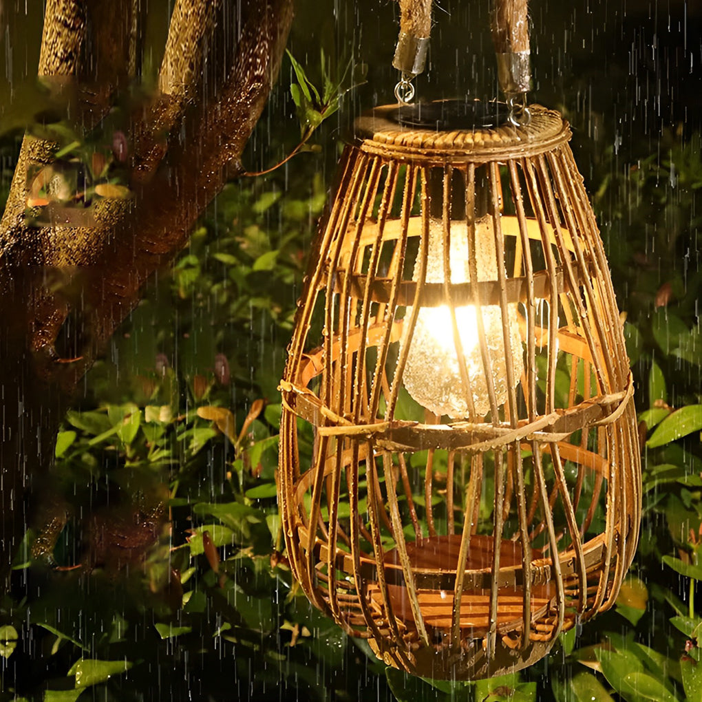 Portable Bamboo Rattan Waterproof LED Wood Retro Solar Outdoor Lanterns - Dazuma