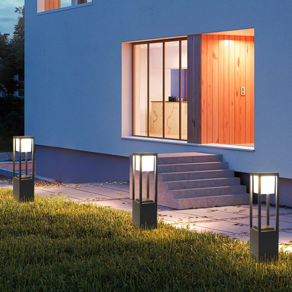 Hollow Rectangular Solar LED Pathway Bollard Lights Black Aluminum Modern Design