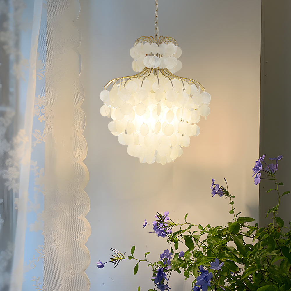 Tiered Capiz Shell Chandelier: Elegant French Style Hanging Lighting