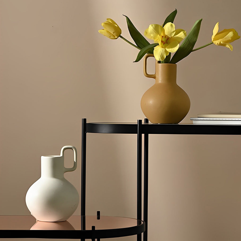 Round Ceramic White Yellow Flower Vases with Single Handle