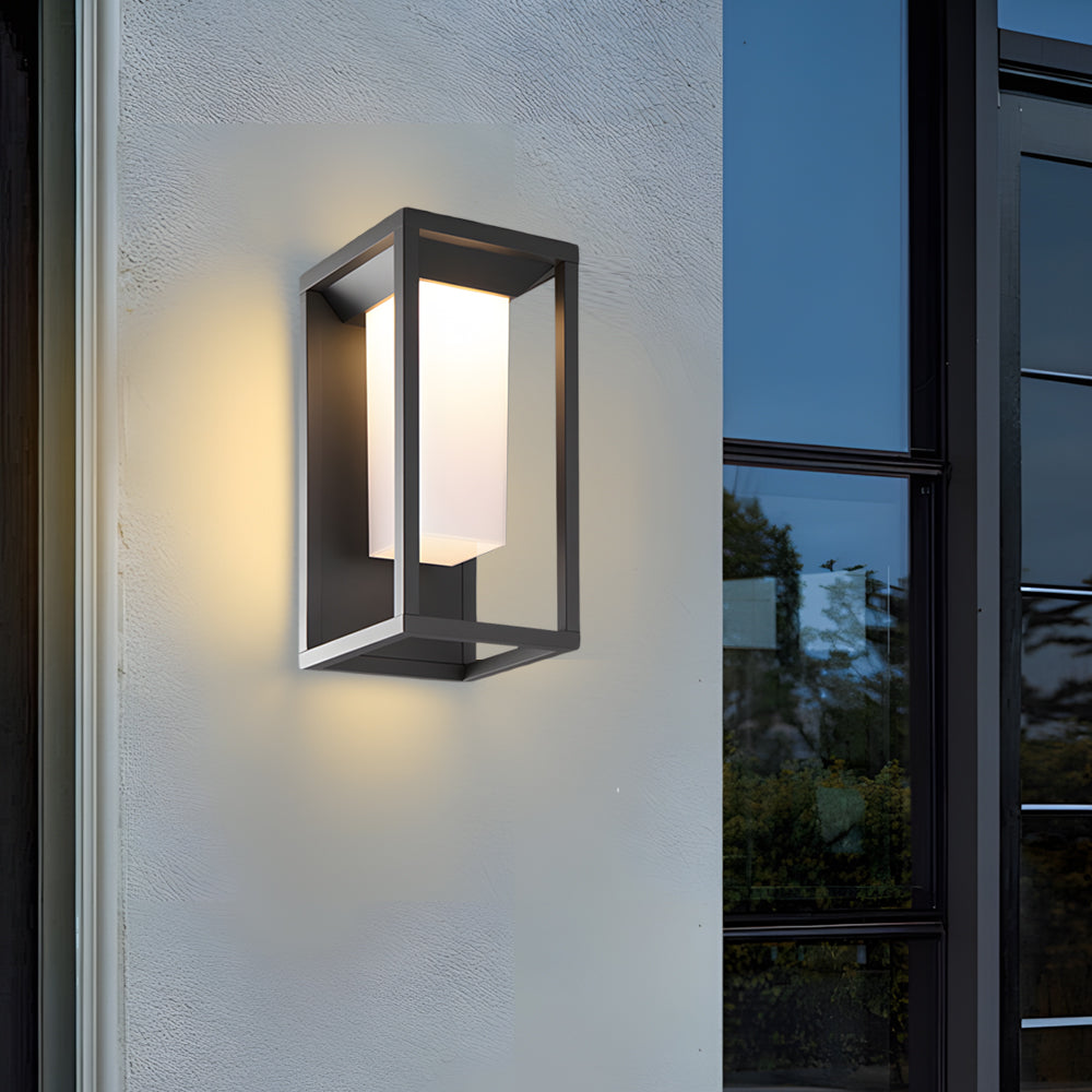 Technical specification diagram showing dimensions and measurements of rectangular outdoor light fixture