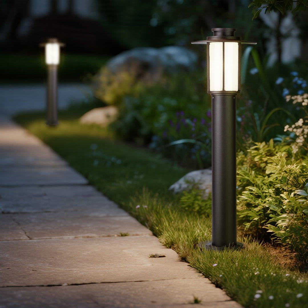 Bottom view of a lantern bollard light showing mounting base and vertical supports