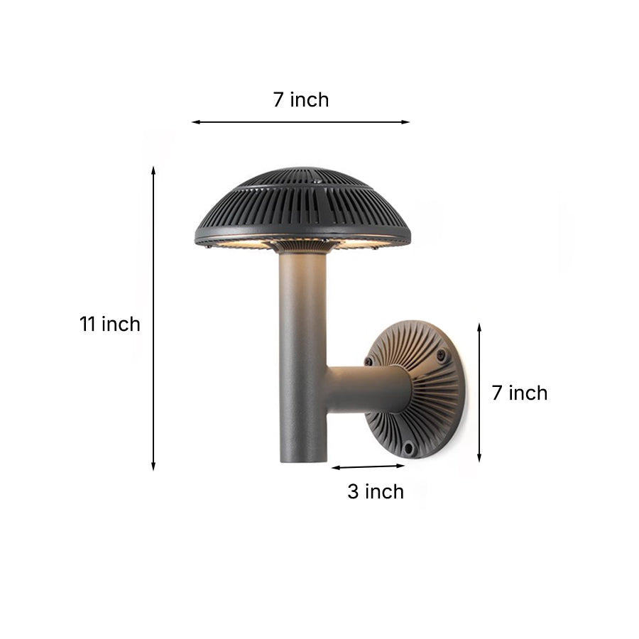 Technical drawing showing dimensions and specifications for mushroom-style outdoor light fixture