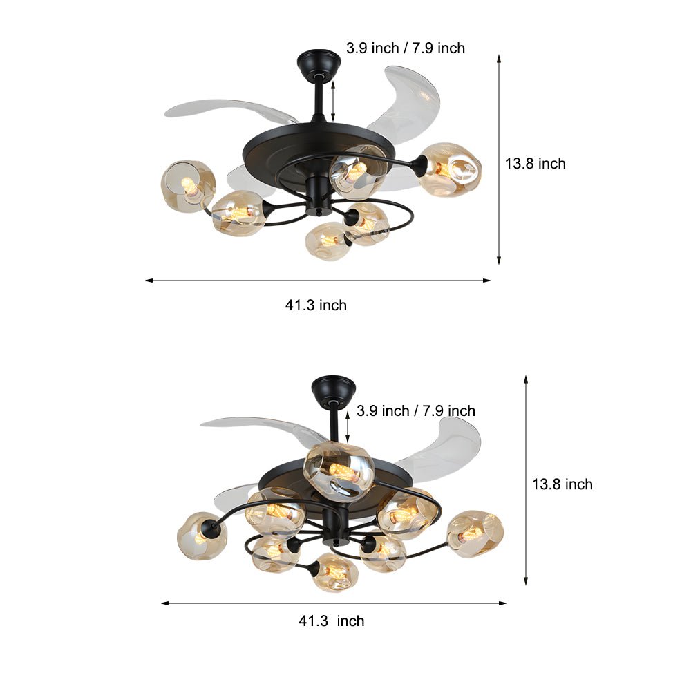 41 - in 4 Blades Ceiling Fan Lights with 6/8 - Light Glass Shades, Remote Control