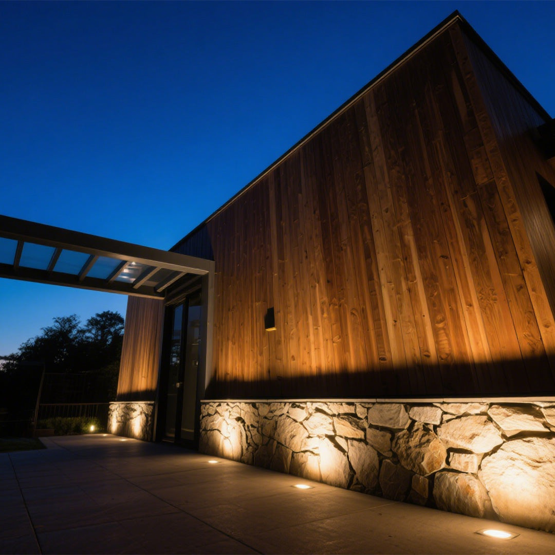 Black cylindrical ground light housing with cutout design for recessed landscape lighting installation